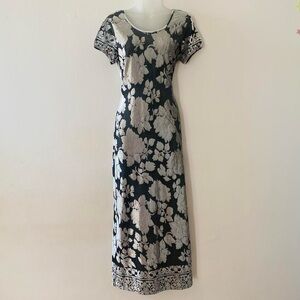 VINTAGE 90s SILVER + GRAY FLORAL VELOUR MAXI DRESS GOWN